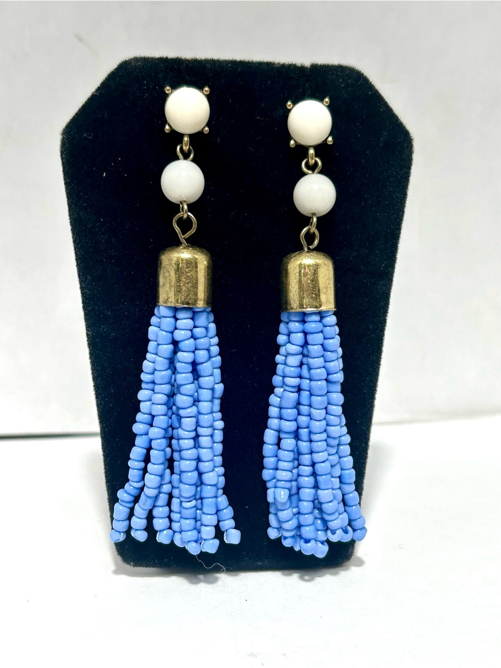 Vintage Beaded Tassel Drop Earrings - White and Light Blue